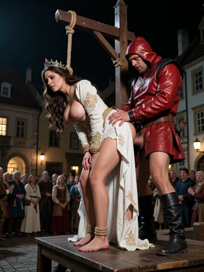 1500s Europe medieval town square. At night, Up on a raised platform the Queen stands leaning forward with her head in a gallows noose, The Queen is a voluptuous brunette still wearing a tiara crown and is wearing a once expensive long white dress embroidered with gold, the dress is now ripped and torn in shreds. Her massive breasts hang down as she is forced to lean over. Her hands tied with rope, Her head in a loop of rope tied to a high crossbeam. Her panties are around her ankles, she is looking distinctly unhappy.

An ugly, tall brute, male executioner, dressed in a medieval red leather jacket and a red leather hood with eye holes, stands behind the medieval queen, he fucks the Queen from behind, brutally, hard, anal sex, balls deep in her butt-hole, pulling her hips with his hands onto his big cock. medieval peasants stand around on the ground beneath the platform cheering.

Dark cinematic lighting.