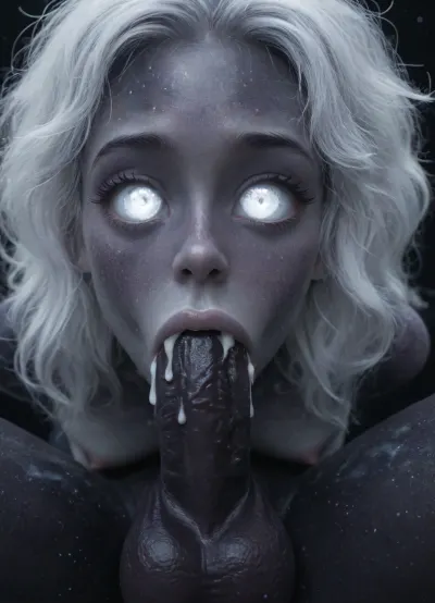 (cosmos body:1.7), (galaxy skin:2), (silver void eyes:1.8), (silver lipstick:1.5), shimmering hair, glowing hair, glistening hair, hourglass body, small breasts with erect nipples, Rolling eyes, ((white man with Huge dick)), 69 position, deepthroat, cum dripping from her nose, excessive cum, close up