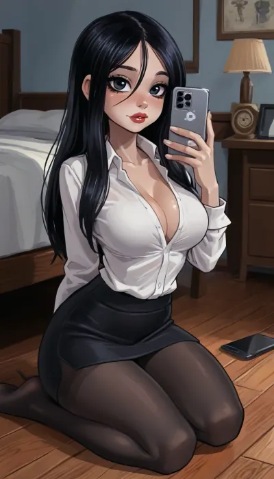 reiq meets innv and Jack cayless art style, closeup Sexy 18 year old woman, (student), (wearing student uniform, white shirt, color tie, pantyhose), photogenic 18 year old college student, Petite fit, busty hourglass figure, ((sexy wavy long brilliant black hair)), (kneeling on floor in the bedroom full body photo), (professional photo), wearing mini skirt, taking selfie with phone, sexy body, curves, large, breasts, big, boobs, huge, tits, warm sun light, ratatatat74, <lora:EnvyBeautyXL02:1>, <lora:mk_Bp Anime_xl:1>, <lora:EnvyAnimeDigitalPaintingXL01:1>, <lora:ratatatat74-000050:1.9>, <lora:bombshell_v2:1>