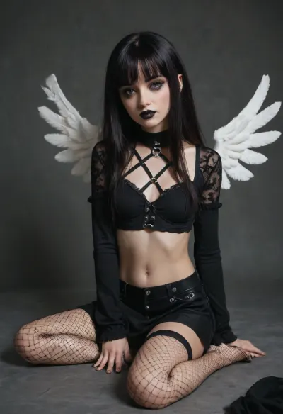 Young, 18 years old innocent looking girl, big innocent eyes, black long hair with bangs, gothic makeup with eyeliner and Black lipstick, perfect angel face, skinny, petit, small, perfect body, nose piercing, septum piercing, pretty, with a sexy gothic courset and lingerie, wearing a very tight Black leather skirt, fishnets that go all the way tô the feet, gothic sleeves, about 5, 3 feet
