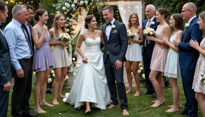 A joyful summer wedding outdoors. The bride and groom are dressed elegantly – the bride in a classic white wedding dress, the groom in a dark suit – both deliberately barefoot. Many of the younger wedding guests have also taken off their shoes and are celebrating barefoot on the grass, while many older guests are wearing traditional elegant shoes. Everyone is laughing, chatting, and enjoying the celebration. The atmosphere is warm, festive, and humorous, with flowers, fairy lights, and summer sunshine..highest quality, 8k