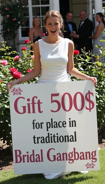 A, (petite bride), stands in a rose garden. She is facing the viewer. She laughs with anticipation.
The bride wears a simple white weddingdress. The bride holds a big sign with Text " Gift 500$ for place in traditional Bridal Gangbang ". There are wedding guests in the background.
looking at camera, best quality, High Details, Sharp focus on face.