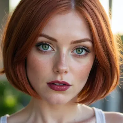 highlighted copper-red hair in a bob haircut, huge bright green eyes, a snub nose, freckles, and plump maroon lips.