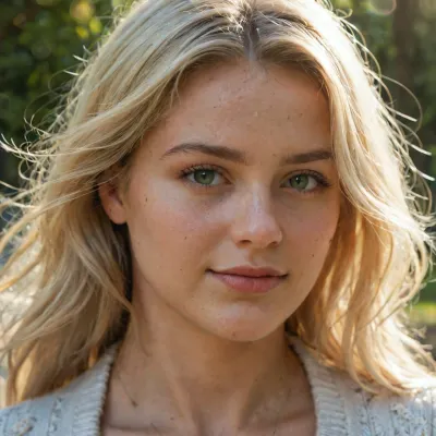Candid shot of a beautiful blonde woman walking in a sunny park during golden hour, wearing a casual stylish outfit, white knit sweater and jeans, warm sunlight illuminating her blonde hair, lens flare, blurry background with green trees, realistic lifestyle photography, highly detailed. Photo of film body, not just Face