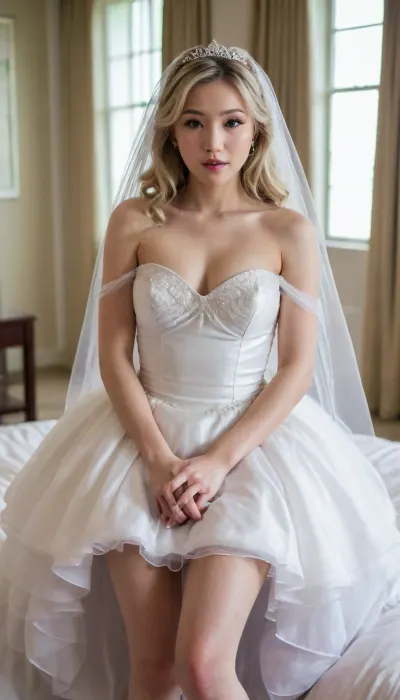 young asian, wedding dress, veil, massive skirt, stockings, high heels, shy white woman, blonde, beautiful face, missionary on bed, holding her tight, creamy vagina, huge cock inside vagina, sheets grabbing, screaming orgasm, hallway view, cheap motel, trying to resist, closed eyes, cum dripping on floor, cum dripping from pussy, creampied, wedding, girl, W3dd1ng, <lora:sl_sila:.8>, <lora:W3dd1ng:.8>