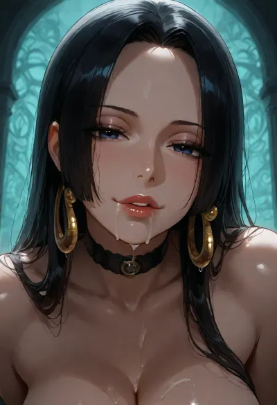 1girl, Boa Hancock from One Piece, goth, black choker, kissing lips, naked, sidelocks tied back, solo, smiling, abstract background, aqua background, lips, looking at viewer, seductive, half-closed eyes, cum dripping from the side of her mouth, <lora:SDXL high detailed. LoRA_SDXL_ARW_0010:1.5>, <lora:add-detail-xl:1.9>, <lora:dark:1.4>, <lora:Jeweled eyes-NAI:2>, <lora:SDXL Detail:1.3>