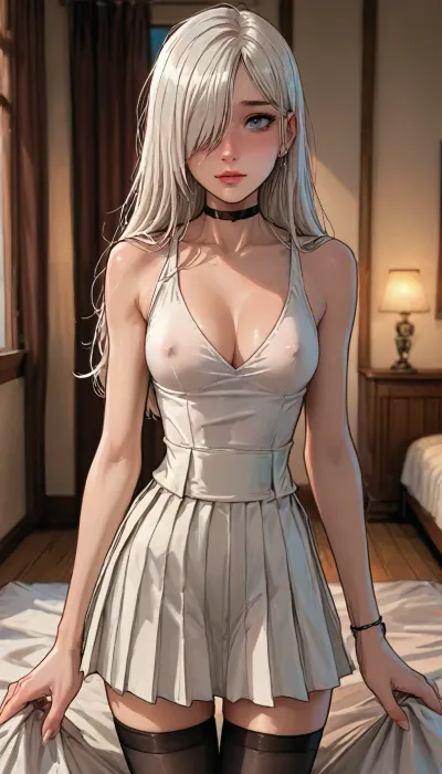 (1 girl solo), ((1 adult girl)), (white long hair), (white hair), (face turned full away:1.5), ((Insanely hot skinny college student)), (tanned skin), (shy face:1.3), (bands over eye), (((sexy abs:1.2))), (kneeling on bedroom floor, beneath you), (slight smile), shy, embarrassed, (side view:1.4), (navel piercing:1.2), (white pleated micro dress:1.4), (pleated dress:1.7), (athletic body:1.3), ((white pleated micro skirt:1.3)), ((front view:1.8)), ((hip gap:1.4)), ((narrow waist:1.7)), (erected nipples:1.2), (cleavage), ((perky medium tits)), (black choker), (black stockings with garters:1.3), (athletic legs:1.3), (skinny body:1), (long skinny legs), (slutty outfit), male pov, deep perspective, ((Melkor mancin meet markgavatino style)), reiq style, ratatatat74, SamDoesArts, <lora:LCMTurboMix_Euler_A_fix:1.7>, <lora:ratatatat74-000050:2>, <lora:SDXLSamDoesArts:1.6>