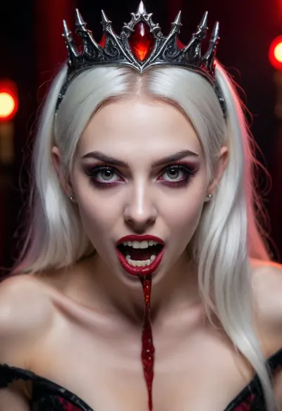 hyper detailed hyper realistic natural petite cutie, 18 years old beautiful vampire queen, (very slim), nightclub, very detailed face, pale woman with white hair, Vampire Queen sucks penis, close up, red eyes, (((very long vampiric fangs))), luxurious tiara in the style of dark fantasy, symmetrical epic fantasy art, dark fantasy, purple lights, neon, colorful, high detail, impeccable image quality, ultrarealism, cockbiting, bitingshaft, vampirebiting, 1girl, penis, hetero, 1boy, fellatio, oral, solo, focus, pov, fangs