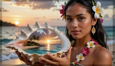 A portrait of a beautiful Polynesian girl on the ocean shore, created using the double exposure technique, featuring extremely detailed and authentic facial features, she is wearing a traditional floral lei, (garland), made of plumeria and tiare flowers, with the same flowers in her hair. She is holding a stunning, giant seashell in her hands. Inside the shell, a miniature reflection of a breathtaking tropical island is visible, featuring the coastline and the ocean at sunset during the “golden hour.” Cinematic lighting, photorealism, high resolution, voluminous light rays, sharp focus—a masterpiece.