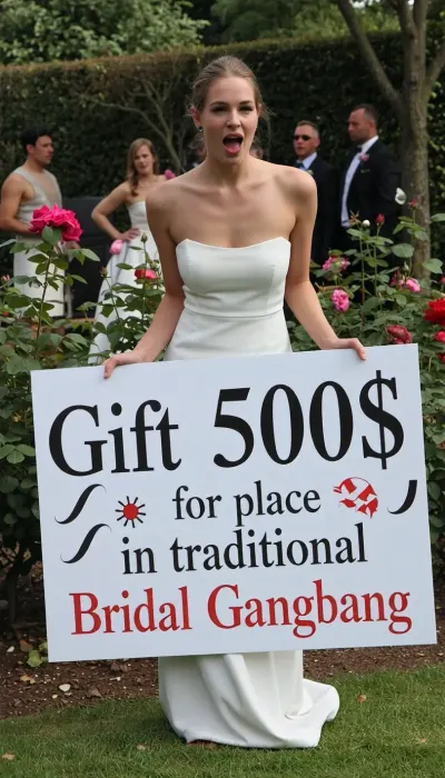 A, (petite bride), stands in a rose garden. She is facing the viewer. She laughs with anticipation.
The bride wears a simple white weddingdress. The bride holds a big sign with Text " Gift 500$ for place in traditional Bridal Gangbang ". There are wedding guests in the background.
looking at camera, best quality, High Details, Sharp focus on face.