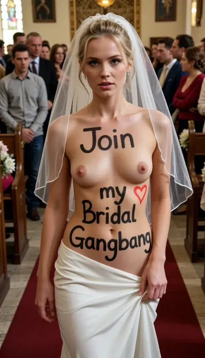 A 24 year petite blonde bride is walking down the aisle in a crowded church.
She wears a bridal veil and a long white skirt. Her petite breasts are topless.
on her belly is written " Join my Bridal Gangbang " with big black marker and a love heart drawn with red maker, looking at camera, best quality, High Details, Sharp focus on face.