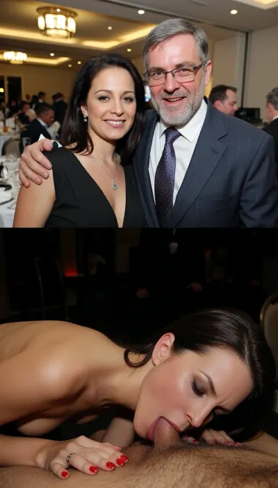 A composite image of two contrasting scenes. Top, A man and woman pose together at a formal event. The woman has shoulder-length dark hair, wears a black dress and a necklace, and smiles warmly. The man has a gray beard, wears glasses, a suit, and tie, with his arm around her. They stand in a banquet hall with tables, guests, and bright overhead lighting. Bottom, A close-up, explicit scene of the same woman, topless, performing oral sex on a man. Her eyes are closed, expression intense, with visible red nail polish. The lighting is dim and intimate. The image juxtaposes a public social setting with a private sexual act, emphasizing the contrast. Style, Direct, unfiltered, documentary-like realism.