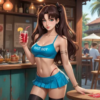 rin tohsaka from fate zero dross style reiq meets 18-year-old Colombian skater, brunette, busty, with tattoos all over her body, green eyes, slim waist, She's having a drink in a VIP box wearing a micro skirt and a very short thong top.