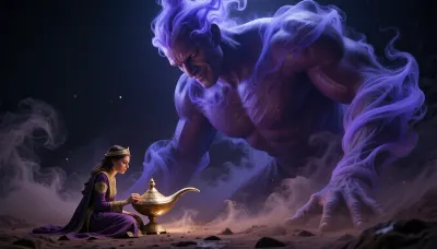 Fantasy setting, cgi Render with imperfections saturated dark purple colors Style, The scenario is enveloped in the deepest darkness imaginable, filled with thick, swirling steam and dust that obscures every surface, The air is heavy and thick, and no ray of light penetrates the suffocating haze, Wide cinematic establishing shot with strong negative space above, camera pulled back, strict composition. The princess is ultra small in scale, confined to the lower left quarter only, seated cross-legged, polishing a traditional golden Arabian lamp with a rounded body and curved spout. A colossal gin towers over her, filling the entire upper half of the frame, massive shoulders and arms formed from a continuous swirling blue-purple smoke vortex, leaning down toward her, clear eye contact, gentle smile. Minimal micro-details on her outfit, just elegant royal Persian princess silhouette, focus on scale and interaction.