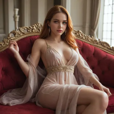 woman, beautifully seductive, flowing red and orange hair, deep amber eyes, bronze skin. She is scantily draped in see-through robes of deep crimson and gold, thin yet curvy, She reclines on a royal couch