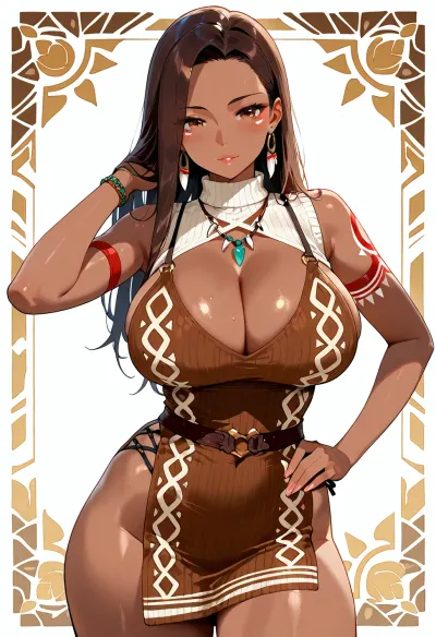 brown knitted sleeveless sweater dress with cleavage, dress with hip-high leg slit, dress with tribal pattern
