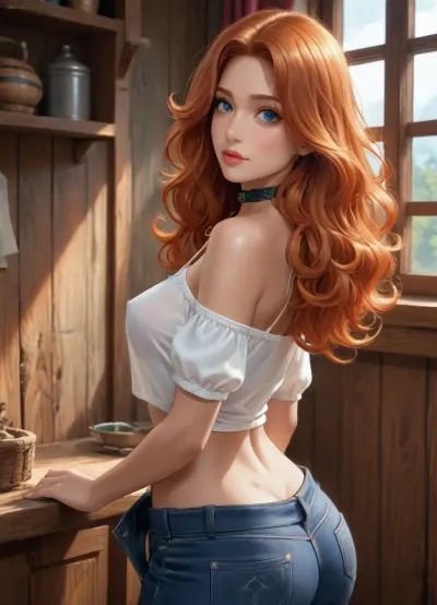Reiq style. Digital anime art of undressing pretty and playful young 20 year old woman, farmer girl, with big deep blue eyes, with very long curly ginger hair, high eyes detail, high face detail, face visiable, ass visiable, in white blouse with a deep neckline and skinny jeans with black hipster panties under them, braless, (. A choker with a small pendant:1.2), tease look at viewer from behind, big perfect breasts, huge erected nipples, wide pink areolas, bubble butt, from behind, perfect body shape, fit, hot, seductive pose