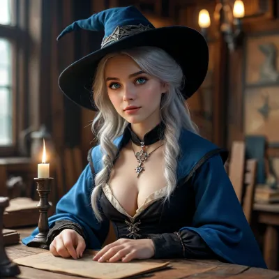 (warm ambient light:.5), (shadows:.4), 8k, best quality, (masterpiece), (intricate details), 1 42 year old girl, sitting at a desk in an old carpentry, full body view, silver hair, perfect eyes, perfect face, perfect lighting, beautiful, high detail, octane render, detailed eyes, (full-body shot), (sexy female wizard teacher), holding a small wizard wand, black wizard hat, black wizard school uniform, black wizard cloak, boots, black eyeliner, deep cleavage, firm breasts, athletic body, silver necklace, no panties, JS_ShortSkirt, bright, blue, eyes, <lora:MJ52:.8>, <lora:Portrait_perfection:.8>, <lora:bright_blue_eyes:.8>