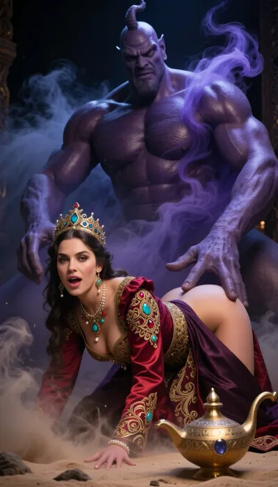 Fantasy setting, cgi Render with imperfections saturated dark purple colors Style, The scenario is enveloped in the deepest darkness imaginable, filled with thick, swirling steam and dust that obscures every surface, The air is heavy and thick, and no ray of light penetrates the suffocating haze, Extreme close-up of the face of a beautiful Persian princess, 28 years old, The princess wears a lifted richly embroidered crimson and burgundy silk gown with gold filigree, turquoise gems, emeralds, rubies, and pearls, and an ornate royal crown, oiled skin, Her posture is naughty, The princess is on all fours, with her upper body facing down and her bottom raised, The camera is positioned very low and close in front of to her breathtaking detailed face, Every detail of her facial expressions is rendered in high detail, her eyebrows, her irises, and her ecstatic moans of pleasure, A gigantic genie appears behind her, Genie has sex with the princess from behind while holding her body in position with two gigantic fingers the colossal ginie towers over and behind her, filling the entire upper half of the frame, massive shoulders and arms formed from a continuous swirling blue-purple smoke vortex, His thrusts are firm, her entire body moves back and forth with every strike of his pelvis against her bare buttocks, The dynamism of their movements kicks up the sand from the ground, a traditional golden Arabian lamp with a rounded body and curved spout lies on the ground, The composition of the image thrives on the striking contrast in size between the delicate princess in foreground and the massive and gigantic frame-filling genie, keep textures ultra-detailed, cinematic volumetric lighting, warm amber highlights, turquoise shadows