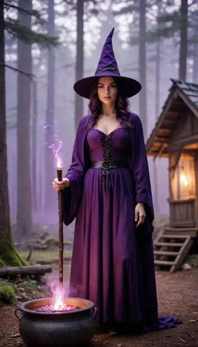 High fantasy witch in black and purple robe and pointed hat, holding magic dagger in hand, standing in front of ancient wooden hut deep in enchanted forest, preparing glowing purple demonic potion in large iron cauldron, glowing particles and sparks, swirl of violet mist around her, mystical fog between trees, ethereal atmosphere, dramatic cinematic lighting, highly detailed, sharp focus, epic fantasy art.