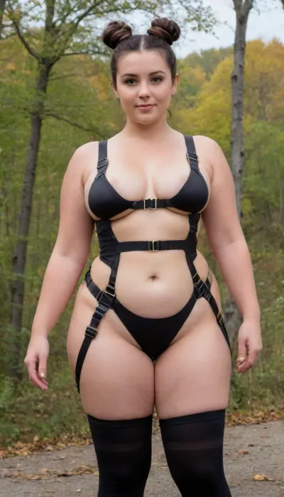 Plump saggy 30 y.o. woman, (brunette space buns hair:1.8), medium sized saggy and hanging breasts, pubic hair, hairy pussy, standing in nature park by a stream, tight leggings, fupa, cameltoe, cellulite, fat, plump lips, (big chubby belly:1.9), (large lower body:1.8), (large belly:2), (space buns hair), (wearing a tight full body harness, straps, garter:2), pulled up tits out, facing viewer, eye contact, big thighs, (saggy:1.6), (chubby:1.5), (big hips in leggings:1.8), bounty4483b, plump, skindentation, chubby, bbw, venus, body, big, breasts, ass, harness, garter, straps, cupless, bra, <lora:bounty4483b-000004:.8>, <lora:Chubby BBW - XL:1.4>, <lora:Harness_Straps_sdxl:.8>