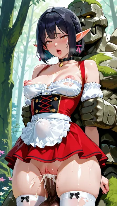 score_6, masterpiece, best quality, ultra-detailed, photorealistic, highres, 4k, original, maximum details, high quality, high resolution, ultra high detailed character, highly detailed, Perfect face, perfect body, perfect eyes, perfect pupils, perfect fingers, .

sexy girl, (sexy elf, elf girl, perfect beauty), black hair, short hair braided in two long braids, bob cut, red dirndl, ripped red skirt, white ruffled stockings, very small perky breasts, nipple slip, ((light pink nipples)), perky nipples, (perfect venus pussy, tight vagina), smooth skin. tiny waist, wide hips and an enormous round bubble butt, big ass, flowers, .

incredibly vibrant and detailed forest, (A giant moss covered stone golem in the forest), golem is having a front Carrying sex with elf, golem is holding the elf with his arms, very huge cock and huge testicles, oversized cock, (An elf riding it's enormous stone cock, She is moaning and cumming), .

holes with semen, semen liquids, dripping green semen, dripping cum, ahegao face, ((stomach bulge:1.2)), Fleshy, lips, Puffy, Detailed, wide, <lora:Lips._Fleshy_lips_Anime-000009:.8>