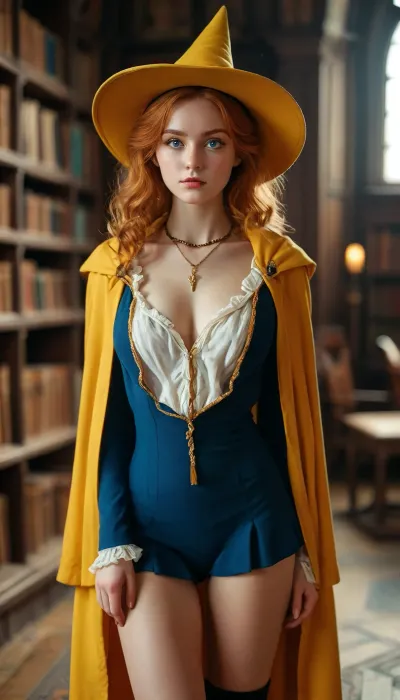 (warm ambient light:.5), (shadows:.4), 8k, best quality, (masterpiece), (intricate details), 1 22 year old girl, in old bibliothek, full body view, ginger hair, perfect eyes, perfect face, perfect lighting, beautiful, high detail, octane render, detailed eyes, (full-body shot), (sexy female wizard student), wizard wand, yellow wizard hat, yellow school uniform, yellow cloak, boots, black eyeliner, deep cleavage, firm breasts, athletic body, golden necklace, no panties, JS_ShortSkirt, bright, blue, eyes, <lora:MJ52:.8>, <lora:Portrait_perfection:.8>, <lora:bright_blue_eyes:.8>