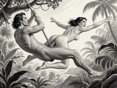 This is a detailed monochromatic pencil drawing in a classical illustrative style depicts a scene set in jungle. 1950s. extremely stylized background, BDSM.
--------------------------------------------------------------------------------------Tarzan and Jane have sex in the air. Tarzan swings on a rope with Jane impaled on his big cock. They have sex from behind in her ass, and Jane has her arms spread as she flies with Tarzan. Tarzan's massive cock is deep in Jane's ass. --------------------------------------------------------------------------------------
The overall style is a black and white pencil drawing, capturing a candid moment. The scene has a formal, organized atmosphere. The overall mood is intense, rendered in fine, expressive line work and subtle shading, evoking the style of 1950s satirical or moralistic illustrations.
