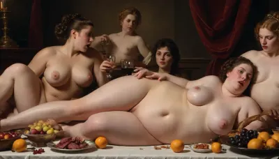 NSFW content. A dramatic Sapphic Caravaggio-style painting of a decadent Roman perverted orgy feast. A large low table laden with overflowing plates of fruit, meat, and wine. Revelers, perverted women, very oiled glossy shiny nude bodies, in rich Roman attire, reclining and interacting. Strong chiaroscuro lighting, with deep shadows and bright highlights emphasizing the faces, textures of food, and luxurious details. Focus on realism, sensuality, and intense emotional fuckable expressions. women laying on a lounging sofa behind the table One central figure, perhaps an obese nude noblewoman, gazes directly at the viewer. An obese nude female servant pours wine in the background.