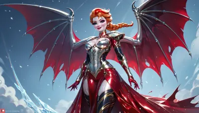 Anna of Arendelle from frozen red hair, elsa, white skin, anthro devil, naked, nude, gigantic Torn wings, fully clothed sheer black evening dress, rainbow stockings, oiled body, metallic body armor