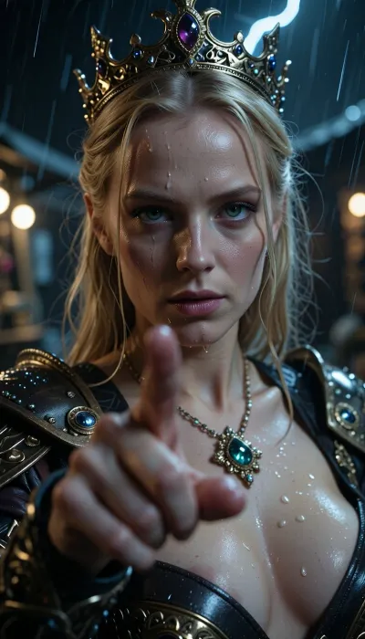 Close-up portrait of a majestic blonde Norway queen's face and deep Décolleté, In the completely blurred foreground, the viewer sees her hand pointing directly at him, in a dark nordic marketplace during hard rain at dark night, She wears royal leather armor, mist drifting behind her, faint lightning illuminating her face from above and behind. The camera is slightly below her eye level, so she looks down at the viewer with a cold, condescending stare, arrogant, superior, and almost cruel, Her head is slightly tilted down, chin subtly lifted in superiority, eyes narrowed with judgment and dominance. Hyper-realistic oiled skin, pale wet sheen, visible pores, fine natural texture, Her facial features are regal and sharp, high sculpted cheekbones, strong elegant jawline, narrow lips pressed together with faint disdain, eyebrows slightly lowered and arched in calculated superiority. Her eyes are piercing with deep dark green irises, razor-sharp iris detail, tiny lightning catchlights reflecting in them. Expression communicates absolute authority, cold pride, and a chilling confidence that borders on menace, her crown and jewelry are visible at the edges, wet gold and gemstones catching lightning, framing her face as a symbol of untouchable power. Cinematic storm lighting, cold blue highlights, high contrast, hyper photorealistic, 8K, extreme facial detail, shallow depth of field, intense gaze, dark blurred market behind her