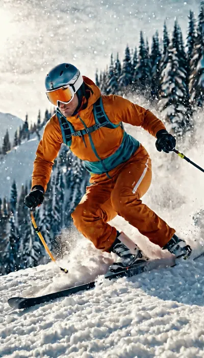 A hot skier training on a snowy day, hyperrealistic