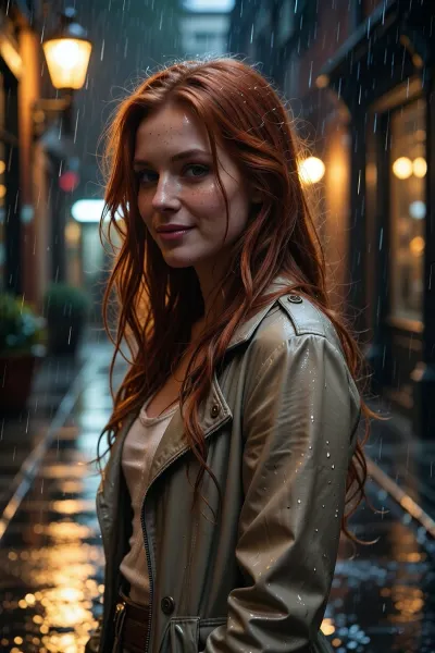 A beautiful red-haired woman inspired by a classic comic-book heroine stands in a rain-soaked city alley at night. She has long, flowing auburn hair damp from the rain, soft expressive features, and a warm, affectionate expression. She wears a simple, elegant casual outfit with a light-colored jacket and understated style, looking like someone caught in a dramatic romantic moment. Streetlights cast a golden glow through the heavy rainfall, creating a cinematic atmosphere with reflections on the wet pavement. Moody lighting, emotional storytelling, realistic cinematic photography, shallow depth of field, dramatic rain effects.