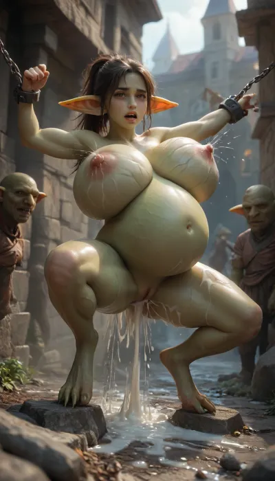 score_9, score_8_up, score_7_up, masterpiece, best quality, 1girl, (anthropomorphic goblin-woman), goblin girl, (feral goblin-woman:1.4), 30 years old, (leathery green goblin wrinkled skin:1.3), long pointed goblin ears, sharp long claws, sharp jagged teeth, (heavily pregnant), naked, (forced full nelson pose), restrained, brutal anal penetration, (extreme breast compression:1.4), (lactation spray, milk squirting from nipples), (pussy overflowing with thick white cum:1.4), cum leaking on thighs, cum in messy hair, massive cumshot on the stone ground, public square setting, humiliation, tensed muscles, wet glossy green skin, high-contrast dramatic lighting, 8k, photorealistic, anatomical precision.