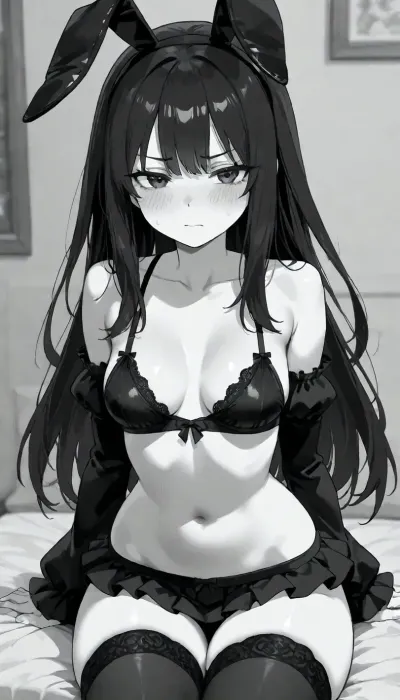 1 person, sitting, Tell and slender girl, thin body, black hair, long hair, black bunny ears, narrow waist, thin thighs, thin legs, nude, (woman wearing sexy black lingerie), black ruffle sexy microskirt, black long ruffle stockings, black ruffle sleeves, open shoulders, blushing, open stomach, small breasts, (negative_v2, Color_Balance_Calibration:.8), aidxlv05_neg, Go, Toboun, No, Hanayome, Style, blush, breasts, monochrome, greyscale, large, eyebrows, visible, through, hair, bangs, solo, focus, masterpiece, best, quality, very, aesthetic, absurdres, <lora:Go_Toboun_No_Hanayome_Season_2_Style:1.2>, <lora:CALM WHITE-NAI:1.8>, <lora:Basuke-P3v1-NbVp10:1.3>