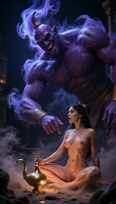 Fantasy setting, cgi Render with imperfections saturated dark purple colors Style, The scenario is enveloped in the deepest darkness imaginable, filled with thick, swirling steam and dust that obscures every surface, The air is heavy and thick, and no ray of light penetrates the suffocating haze, Wide cinematic establishing shot with strong negative space above, camera pulled back, strict composition. The princess is ultra small in scale, confined to the lower left quarter only, seated cross-legged, polishing a traditional golden Arabian lamp with a rounded body and curved spout. A colossal gin towers over her, filling the entire upper half of the frame, massive shoulders and arms formed from a continuous swirling blue-purple smoke vortex, leaning down toward her, Her posture is naughty, head tilted up, The princess is flirting intensely with the genie, she sits in a seductive pose, naturally facing the genie, she has her legs wide open and is showing the genie her wet vagina, they make intense eye contact, Their bodies are turned towards each other, his gigantic hand points between her legs, the genie laughs loud, keep textures ultra-detailed, cinematic volumetric lighting, warm amber highlights, turquoise shadows