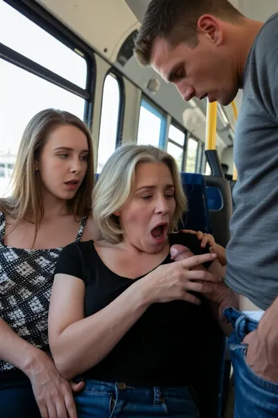 Two Black women, one 18 years old and the other 51 years old, are on a bus. Both are seated, and next to them are two men standing very close to them. The women are looking at the men's genitals, They are terrified. The 51-year-old woman touches the man's penis and suck