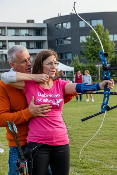A middle aged woman with glasses and brown hair, wearing a bright pink t-shirt with "Dabeisein ist alles!" printed on it, is shown in a medium shot, aiming a blue recurve bow. She has medium breasts, wears a blue arm guard and is being guided by an older man with short white hair and glasses, who stands behind her, placing his hand over woman‘s t-shirt touching her nipple to help with the bow and arrow. The man wears an orange top and blue jeans. The woman is in a focused, concentrated pose, looking forward, while the man leans in with an expressive, encouraging expression. The scene is set outdoors on a grassy field under natural daylight, with a modern building and green trees in the background. Other people are visible in the distance, suggesting a community event. The image has a candid, documentary-style feel, capturing a moment of mentorship and inclusion during an archery activity. The lighting is soft and even, highlighting the vibrant colors of the clothing and equipment. The composition centers on the interaction between the two figures, emphasizing connection and support.