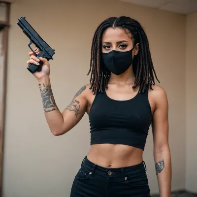 Tan girl holding one pistol in her right hand straight up in the air, wearing a black crop top, wearing a mask, 8K quality, eyes looking towards the camera, black dreads, black eye shadow