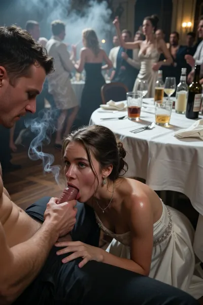 A 20-year-old bridesmaid, (kneels under a table:1.6), (sucks cock of sitting man:1.2), wears an elegant white dress, looking up, sweaty, disheveled hair, fellatio, blowjob, (man looks down to her:1.4), she hides under the table, several drunk party guests dancing in the blurred background, ballroom, shot from above, haze of cigar smoke in the air, filled with dust and smoke, cinematic moody lighting, tense but charismatic atmosphere, crowd, of, people, cloudy, smoke, atmospheric, clouds, fog