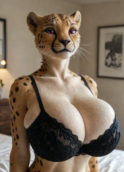 Detailed background, masterpiece, best quality, amazing quality, hyperdetailed, ultra-HD, Beautiful art, anthro female, cheetah, pink eyes, black nose, whiskers, yellow body, yellow fur, white body, white fur, two tone body, two tone fur, spotted body, no humans, looking at viewer, makeup, black lips, Athletic body, bedroom, (transparent black lingerie), (breasts visible through clothing:1.2), ((hyper breasts)), (bra pressing breasts:1.5), ((arched back, seductive pose)), smirk, (((3D furry art, anthro woman))), amazing composition, intricate detail, intricate details, rim light, combined with ambient light, volumetric light, dim atmosphere, focused lighting, dynamic angle, detailed face, cinematic lighting, high detail, depth of field, Best Quality, <lora:add-detail-xl:.6>, <lora:LCMTurboMix_Euler_A_fix:1.7>