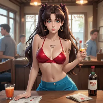 rin tohsaka from fate zero dross style reiq meets 18-year-old Colombian skater, brunette, busty, with tattoos all over her body, green eyes, slim waist, She's having a drink in a VIP box wearing a micro skirt and a very short thong top.