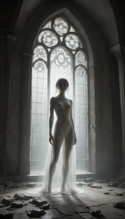 A vast, abandoned baroque palace with towering cracked columns. Peeling frescoes and soot-stained ceilings loom overhead. a lone figure emerging from the shadows. A ghost, elevated half meter over ground, pale woman, white painted skin, unnatural white skin, unnatural black eyes, extremely long black hair, High-contrast chiaroscuro—cold moonlight slashes through broken stained glass, casting sharp shadows that amplify her ethereal presence. Dust motes swirl in the beams., Slight Dutch angle, full-body portrait as she vanishes into deeper shadows., mentixis, metix, ais-ghostly, <lora:mentixis:2>, <lora:Ghostly_Style_SDXL:1.2>