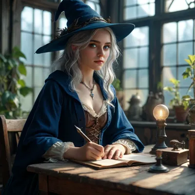 (warm ambient light:.5), (shadows:.4), 8k, best quality, (masterpiece), (intricate details), 1 42 year old girl, sitting at a desk in an old greenhouse, full body view, silver hair, perfect eyes, perfect face, perfect lighting, beautiful, high detail, octane render, detailed eyes, (full-body shot), (sexy female wizard teacher), holding a small wizard wand, black wizard hat, black wizard school uniform, black wizard cloak, boots, black eyeliner, deep cleavage, firm breasts, athletic body, silver necklace, no panties, JS_ShortSkirt, bright, blue, eyes, <lora:MJ52:.8>, <lora:Portrait_perfection:.8>, <lora:bright_blue_eyes:.8>