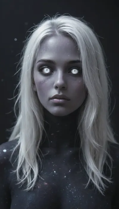 (cosmos body:1.7), (galaxy skin:1.7), (silver void pupiless eyes:1.8), (silver sclera:1.6), (silver lips:1.3), shimering hair, glowing hair, glistening hair, space port, starships, hourglass figure