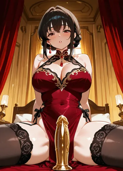 score_9, score_8_up, score_7_up, 1girl, solo, source_anime, late Belle Époque, 1910s style, retro anime, cel shading, hand-drawn, ink outlines, cinematic lighting, a sensual young aristocrat in a luxurious boudoir, wearing a translucent silk peignoir with lace trim, her dark hair falling in loose waves on her shoulders, she lies on a chaise longue upholstered in dark red velvet, surrounded by soft pillows and a heavy brocade curtain, a dressing table in the background littered with perfume bottles, a gilded hand mirror and a flickering oil lamp, soft candlelight casting warm, intimate shadows on her porcelain skin, her expression is a mixture of curiosity and fascination, she uses a dildo, a golden-colored dildo, for its intended purpose, inserts the dildo into her vagina, experiences pleasure and orgasm, the camera is positioned Low angle to highlight the elegance and luxury of the room, film grain, screenshot, VHS effect, ultra-detail, 8K resolution, rich and warm color palette, depth of field, nostalgic and sensual atmosphere, intricate textures, dreamy and romantic mood.