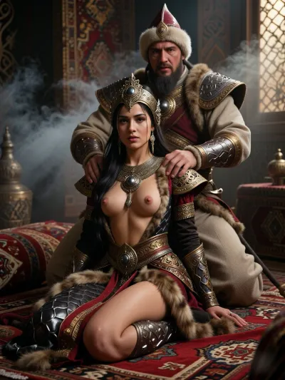 Bu mükafat qazanan, ultra-realist kinematik fotoşəkildə, Moğol mənşəli bu gözəl, nəcib Asiya qadınının ən incə detalları emosional zəriflik ifadə edir, Onun duruşu bir qədər gərgindir, o, incə parçalardan və yüksək keyfiyyətli yaşlandırılmış dəridən hazırlanmış möhtəşəm libas geyinir, sinəsi açıq, bütün bədəni görünəndir və o, zəngin naxışlı ənənəvi qırmızı fars xalçası üzərində oturub. Birbaşa onun arxasında duran Koça Xan — böyük və yorulmaz döyüşçüdür, onun iri əlləri onun çiyinlərində yumşaqca dayanır. Səhnə zəngin bəzədilmiş, diqqətlə hazırlanmış 13-cü əsr Monqol çadırının içində cərəyan edir. Kino işıqlandırması, həcmi böyük tüstü, ipək libasların toxumasını və zəncirlərin metal parıltısını vurğulayan kontur işıqlandırması, 8K çözünürlük, fotorealist render, dramatik kompozisiya və yüksək detal səviyyəsi sayəsində bu əsər əsl şah əsəridir.