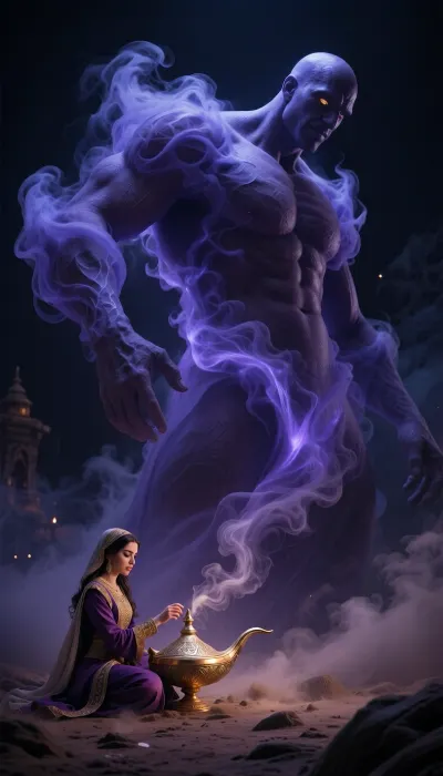 Fantasy setting, cgi Render with imperfections saturated dark purple colors Style, The scenario is enveloped in the deepest darkness imaginable, filled with thick, swirling steam and dust that obscures every surface, The air is heavy and thick, and no ray of light penetrates the suffocating haze, Wide cinematic establishing shot with strong negative space above, camera pulled back, strict composition. The princess is ultra small in scale, confined to the lower left quarter only, seated cross-legged, polishing a traditional golden Arabian lamp with a rounded body and curved spout. A colossal gin towers over her, filling the entire upper half of the frame, massive shoulders and arms formed from a continuous swirling blue-purple smoke vortex, leaning down toward her, clear eye contact, gentle smile. Minimal micro-details on her outfit, just elegant royal Persian princess silhouette, focus on scale and interaction.