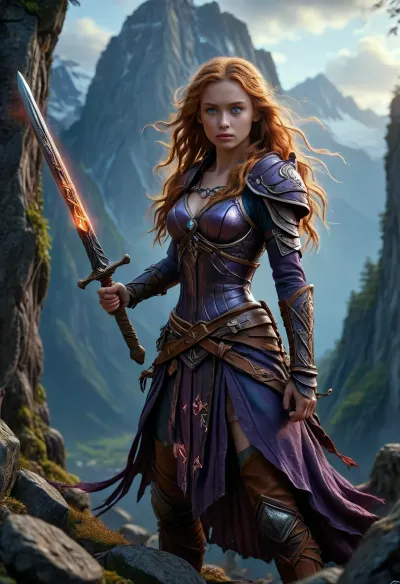 full body cinematic photo, dynamic pose, action photo, offset view, Young woman warrior, strength, determination, glowing sword with inscription, stone runes, wooden runes, talisman, glowing runes, oracle, Scandinavian Mountains, mw01out, FlshfrGR, ral-mytfrst, (long wavy ginger hair), (dark purple armor), <lora:Medieval_Worlds_outsidexl:1.5>, <lora:ral-mytfrst-sdxl:1.2>, <lora:MJ52:1.1>, <lora:Wizards__Mages:1.5>, bright, blue, eyes, <lora:bright_blue_eyes:.8>