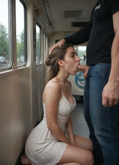 girl kneeling on a crowded train sucking a man's cock, It's day outside, light dress, There are a lot of people on the bus, She's very happy, He holds her head, she gives him a deep blowjob, he fucks her deeply roughly in her mouth with a big dick, There are a lot of people on the bus who are filming everything on video, He pushes his cock deep down her throat., Subw4y, tr41n, <lora:Subw4y_tr41n:.8>